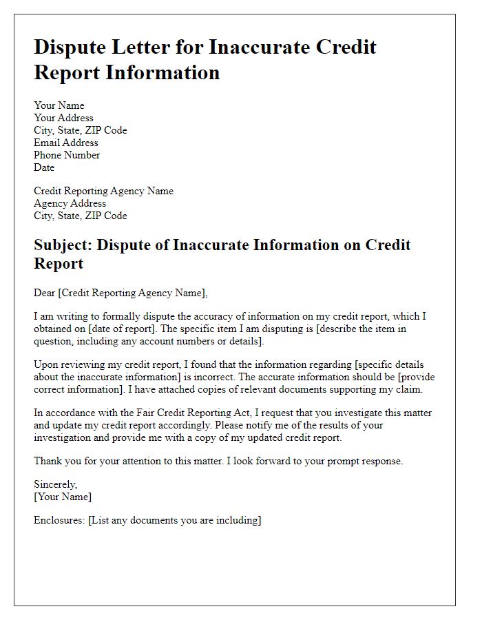 Letter template of dispute for inaccurate credit report information