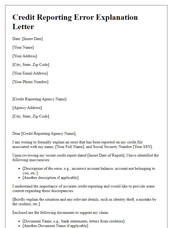 Letter template of explanation for errors in credit reporting