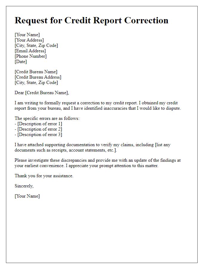 Letter template of request for credit report correction