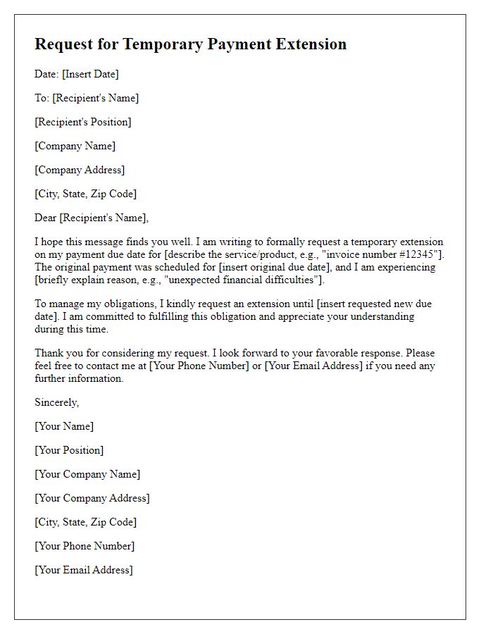 Letter template of communication for temporary payment extension