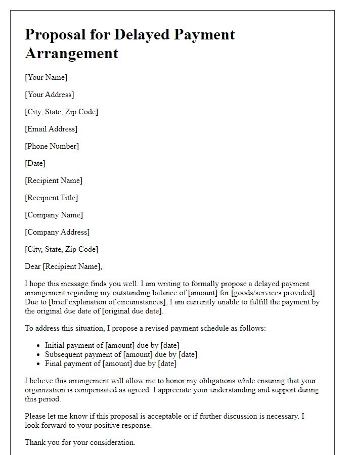 Letter template of proposal for delayed payment arrangement