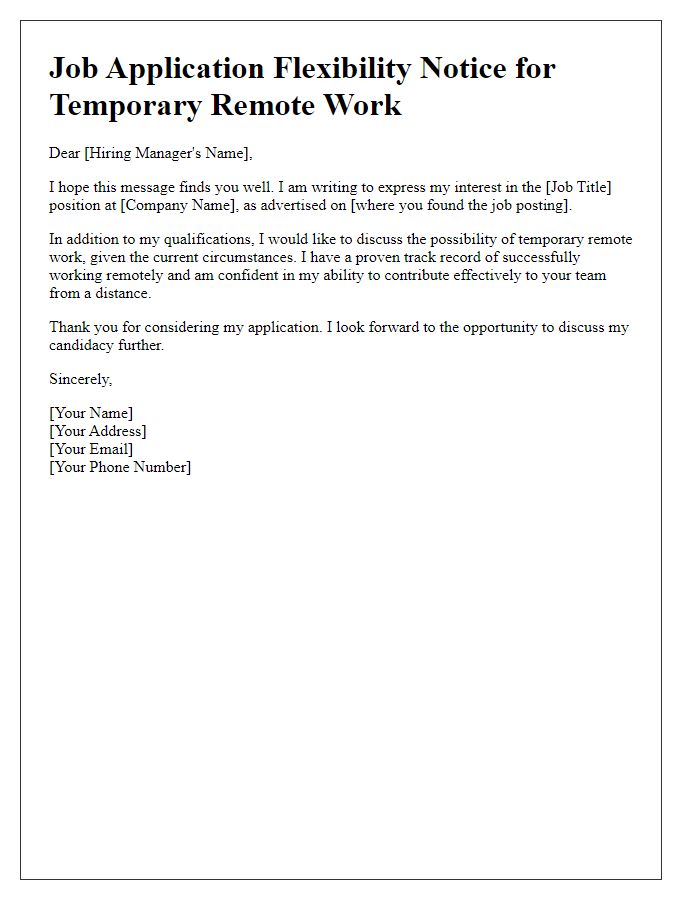 Letter template of job application flexibility notice for temporary remote work