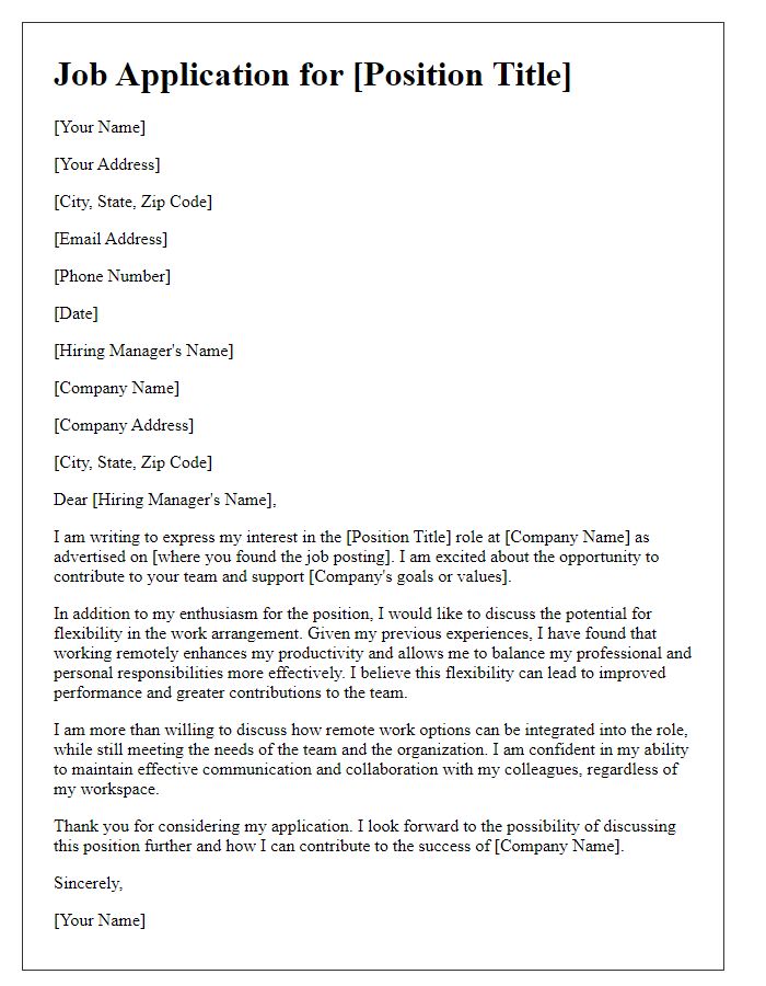 Letter template of job application flexibility request for remote work options
