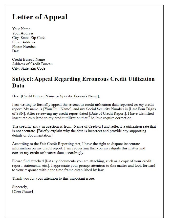 Letter template of appeal for erroneous credit utilization data