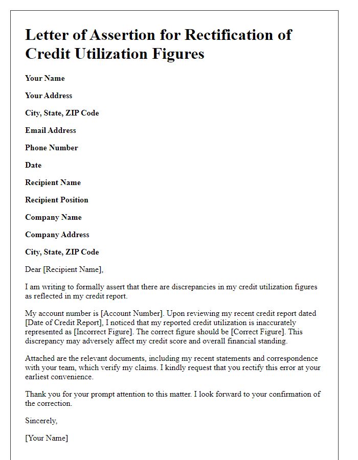 Letter template of assertion for rectification of credit utilization figures