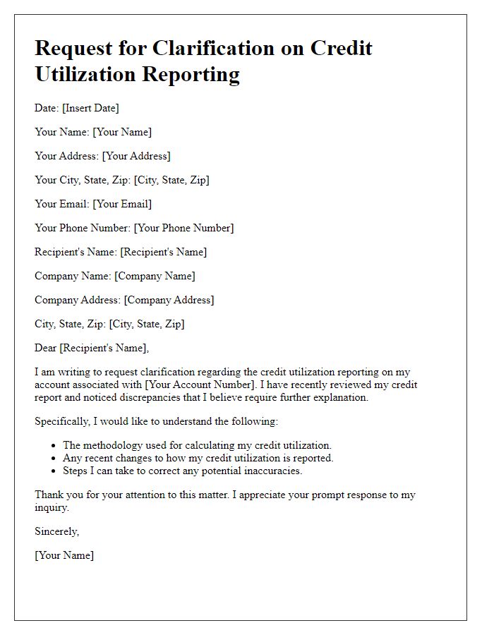 Letter template of clarification request on credit utilization reporting