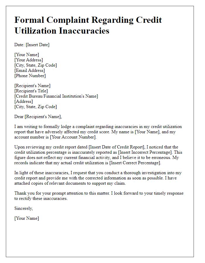 Letter template of formal complaint about credit utilization inaccuracies