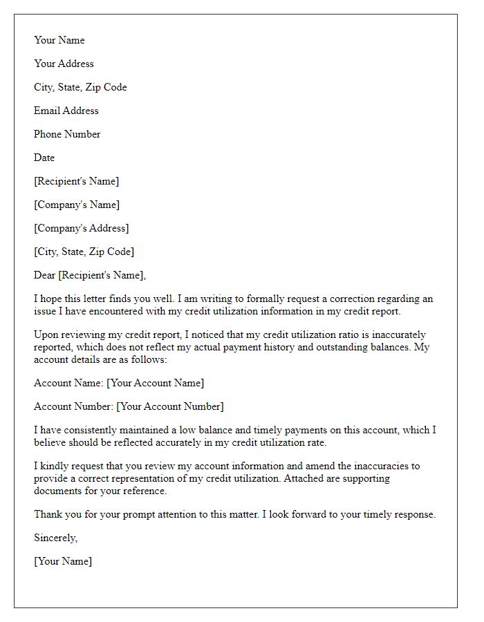Letter template of formal request for credit utilization correction
