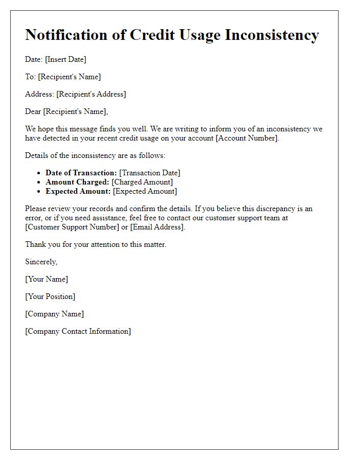 Letter template of notification of credit usage inconsistency