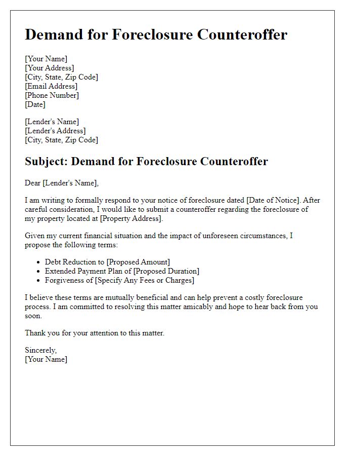 Letter template of Demand for Foreclosure Counteroffer