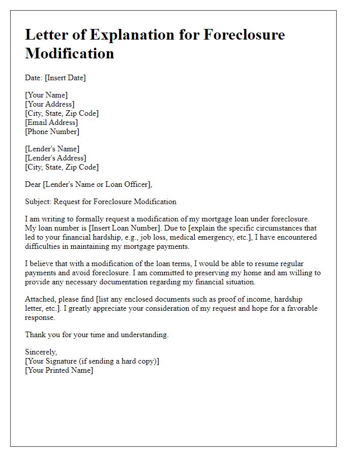 Letter template of Explanation for Foreclosure Modification