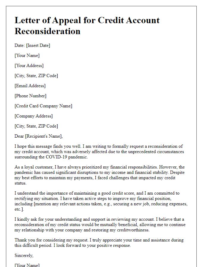 Letter template of appeal for credit account reconsideration due to COVID-19