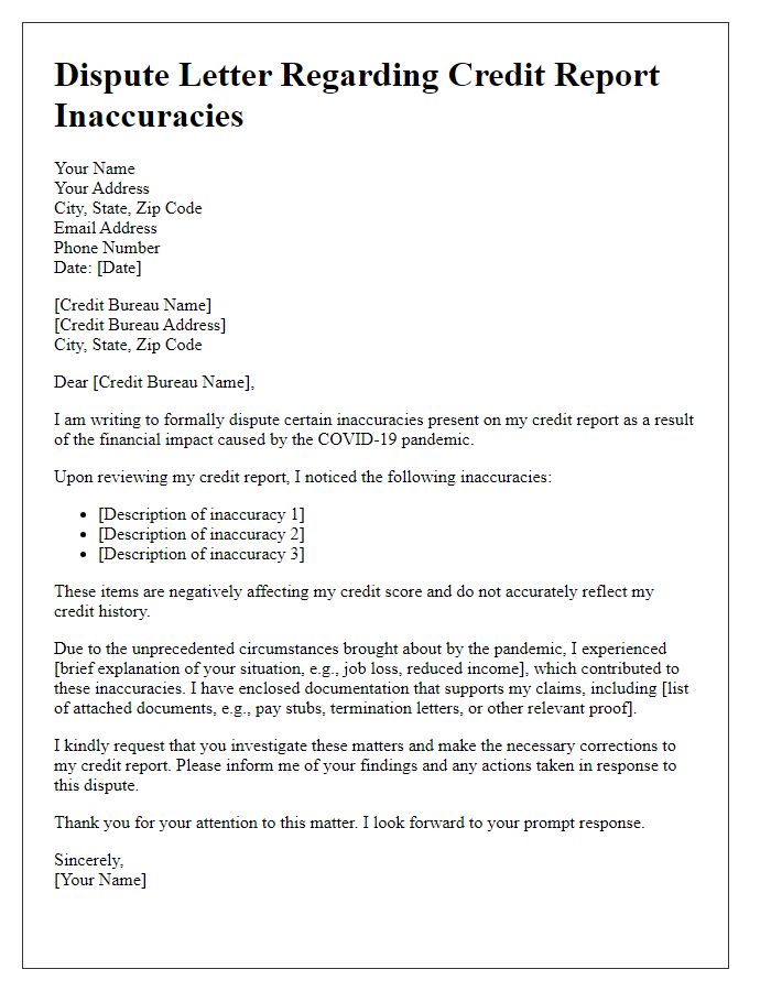 Letter template of dispute regarding credit report inaccuracies due to COVID-19 impact