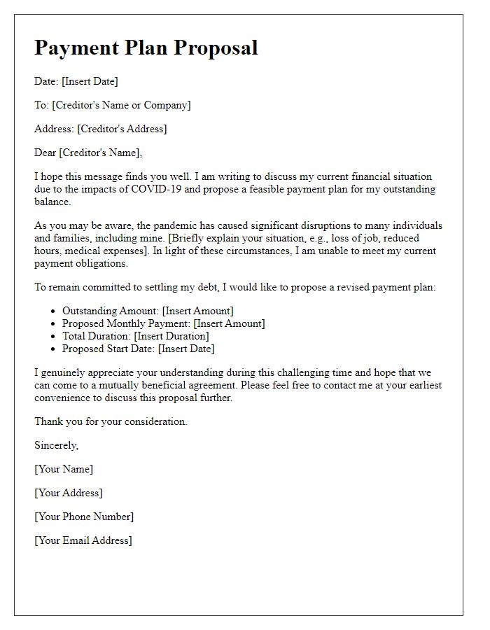 Letter template of payment plan proposal in light of COVID-19 financial difficulties