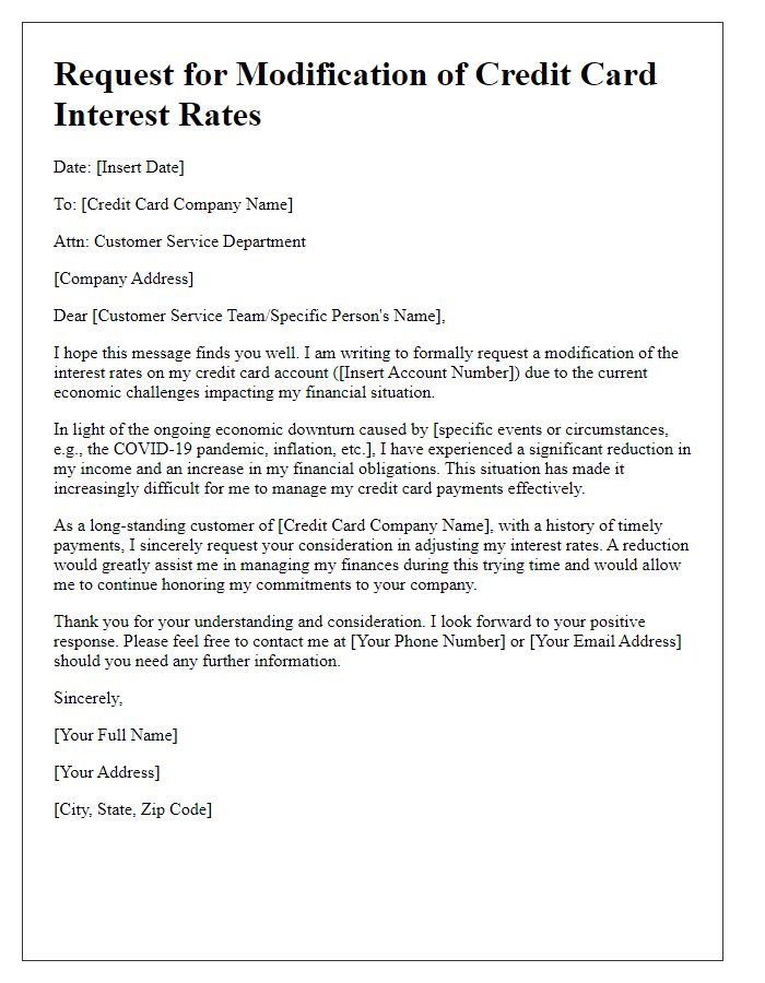 Letter template of appeal for modified credit card interest rates based on economic challenges.