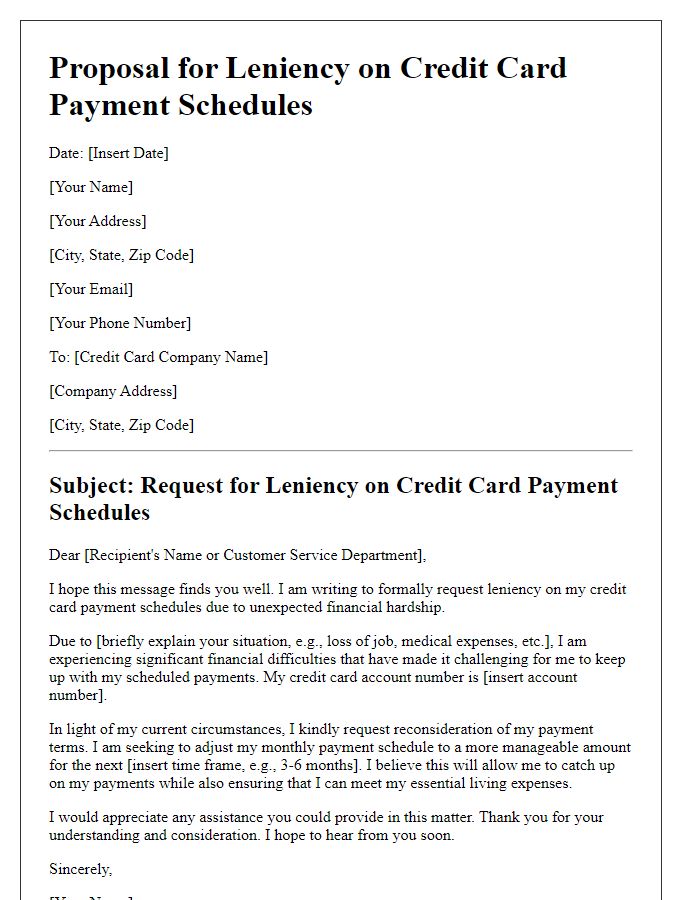 Letter template of proposal for leniency on credit card payment schedules under hardship.