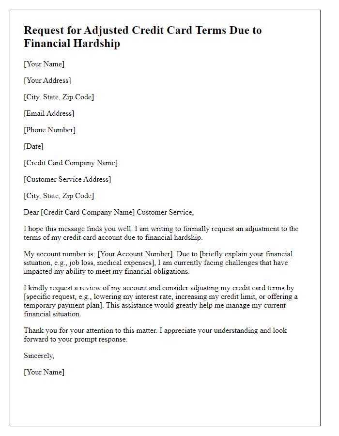 Letter template of request for adjusted credit card terms due to financial hardship.