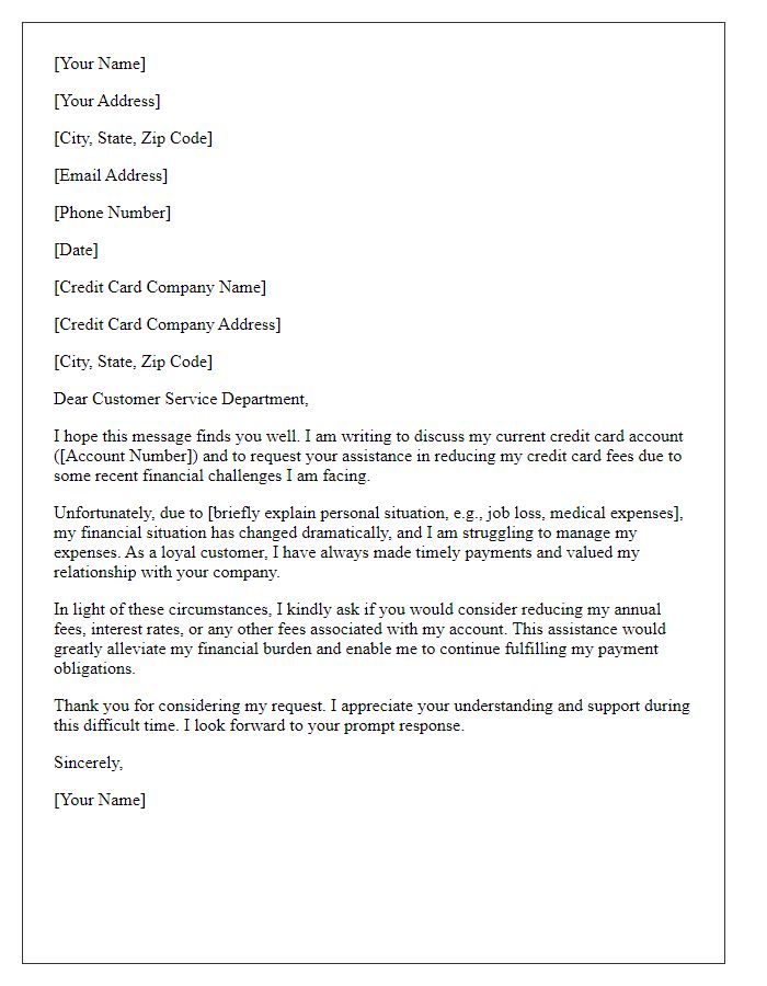 Letter template of solicitation for reduced credit card fees in light of financial struggles.