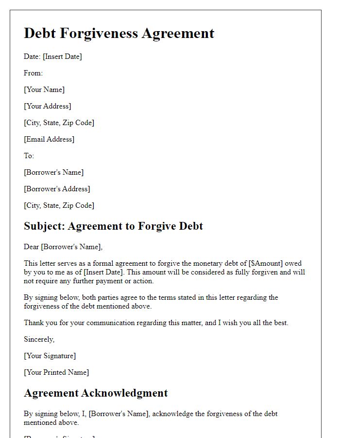 Letter template of agreement to forgive small monetary debts