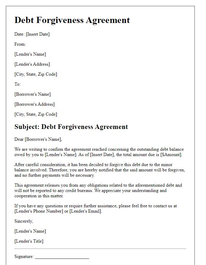 Letter template of debt forgiveness agreement for minor balances