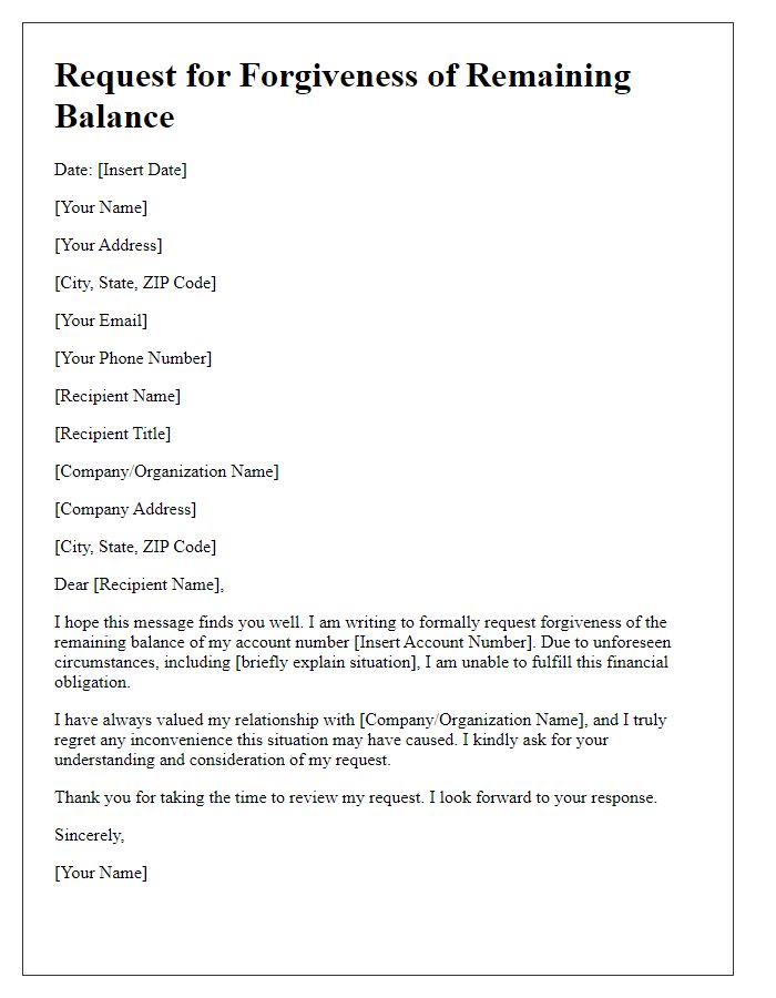 Letter template of request for forgiveness of remaining balance