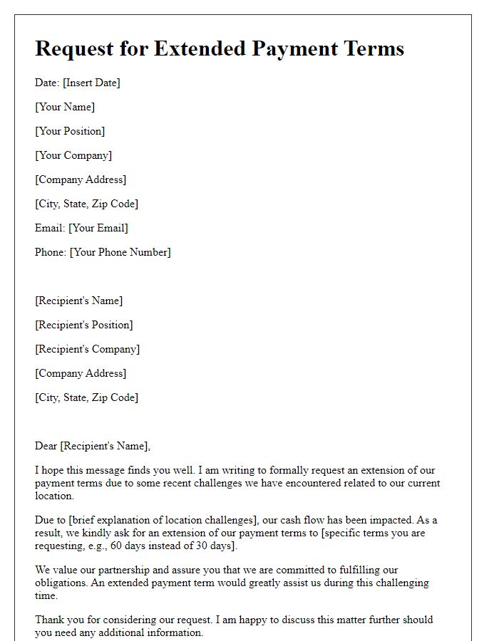 Letter template of request for extended payment terms due to location challenges.