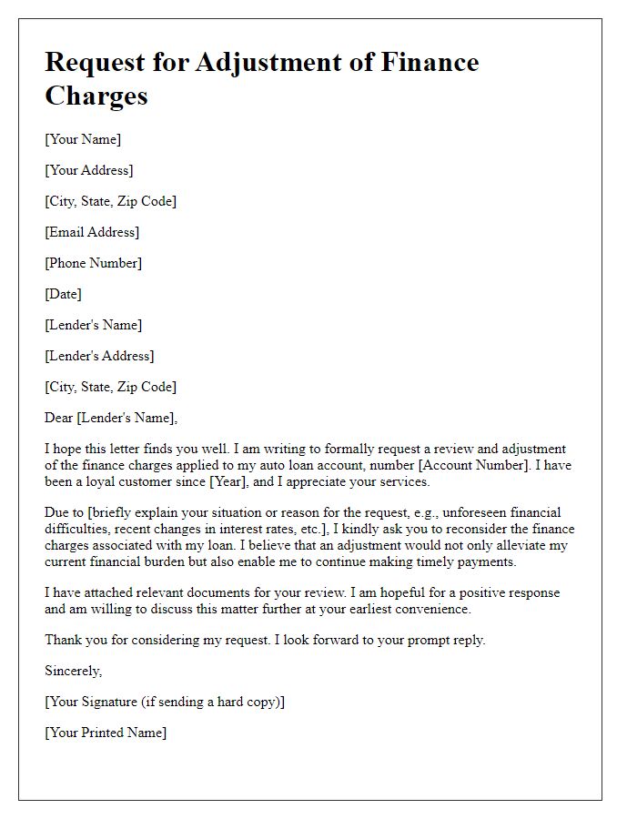 Letter template of formal request for adjustment of finance charges on auto loan.