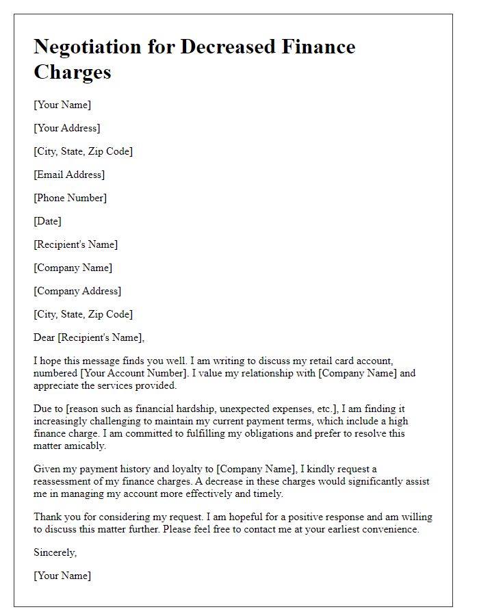 Letter template of negotiation for decreased finance charges for retail card.