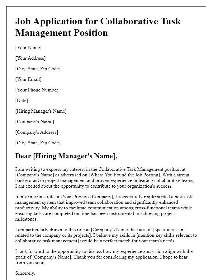 Letter template of job application for collaborative task management.