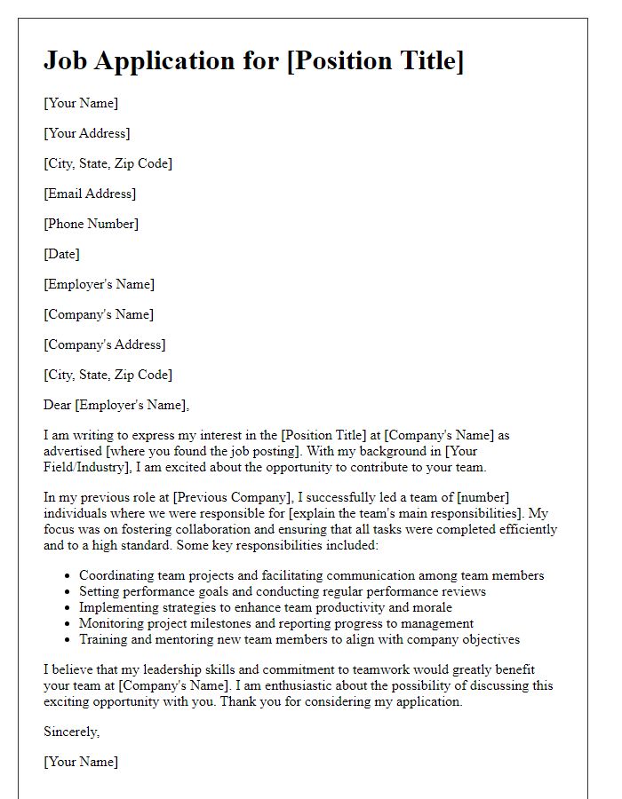 Letter template of job application outlining team responsibilities.