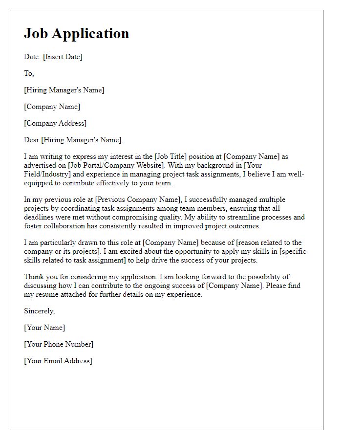 Letter template of job application regarding project task assignments.