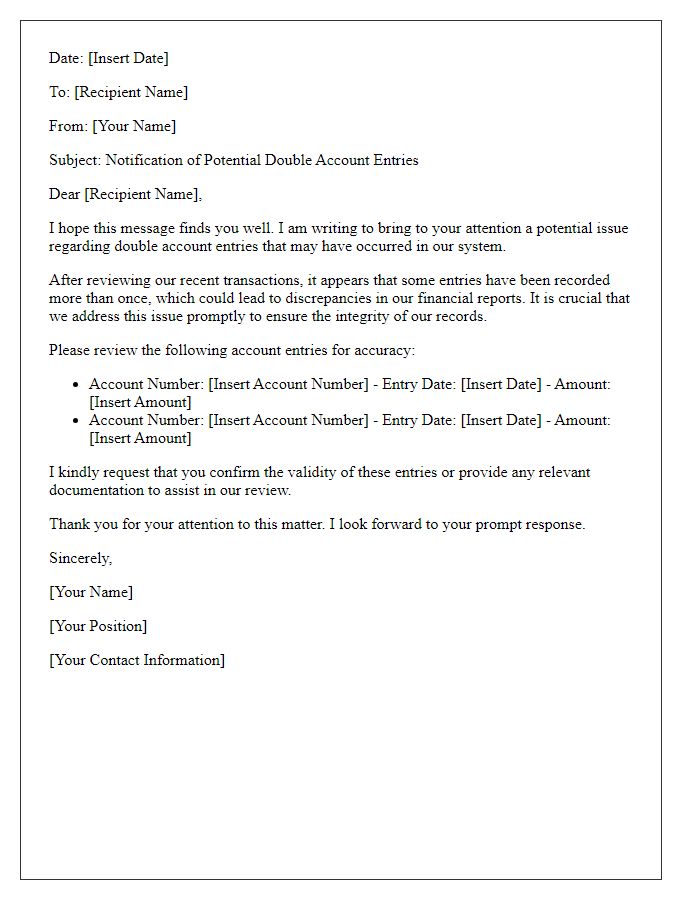 Letter template of alerting regarding double account entries.