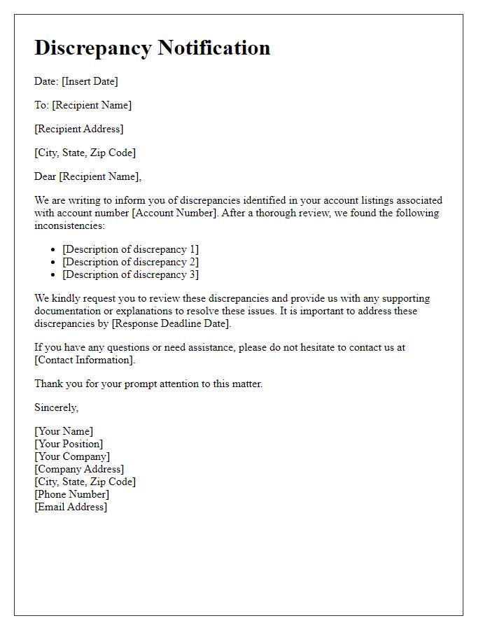 Letter template of discrepancies found in account listings.