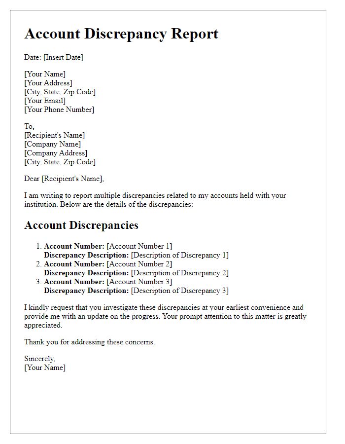 Letter template of reporting multiple account discrepancies.