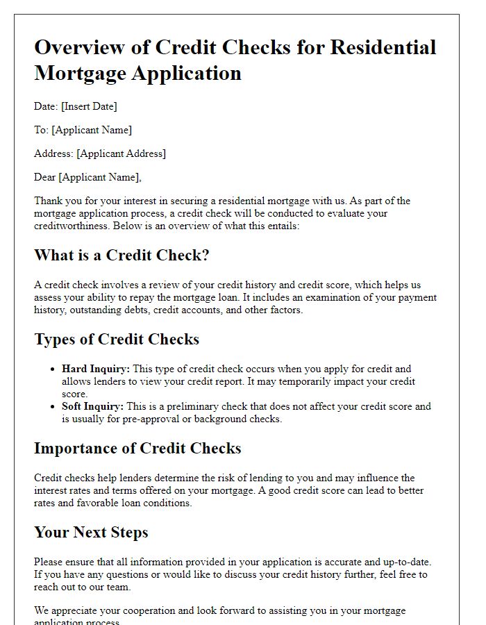 Letter template of overview of credit checks for residential mortgage application