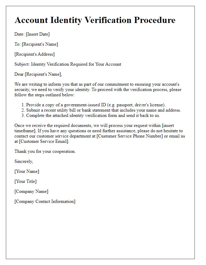 Letter template of account identity verification procedure