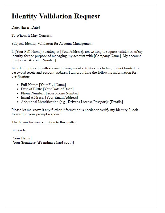 Letter template of identity validation for account management