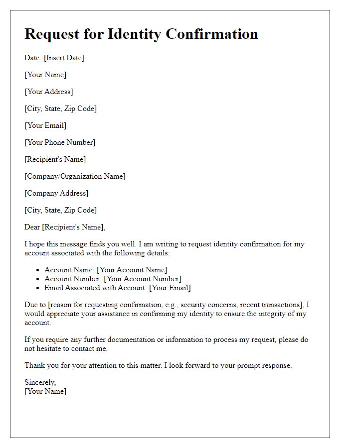 Letter template of request for identity confirmation for accounts