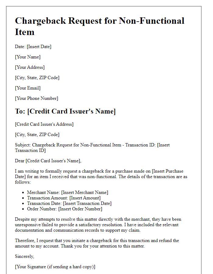 Letter template of chargeback correspondence for non-functional items