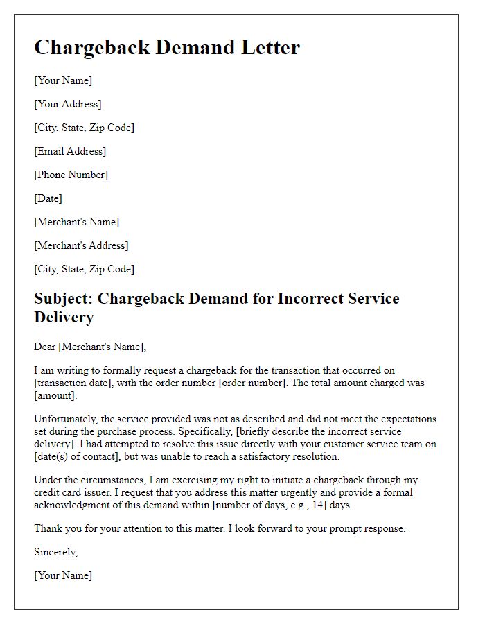 Letter template of chargeback demand for incorrect service delivery