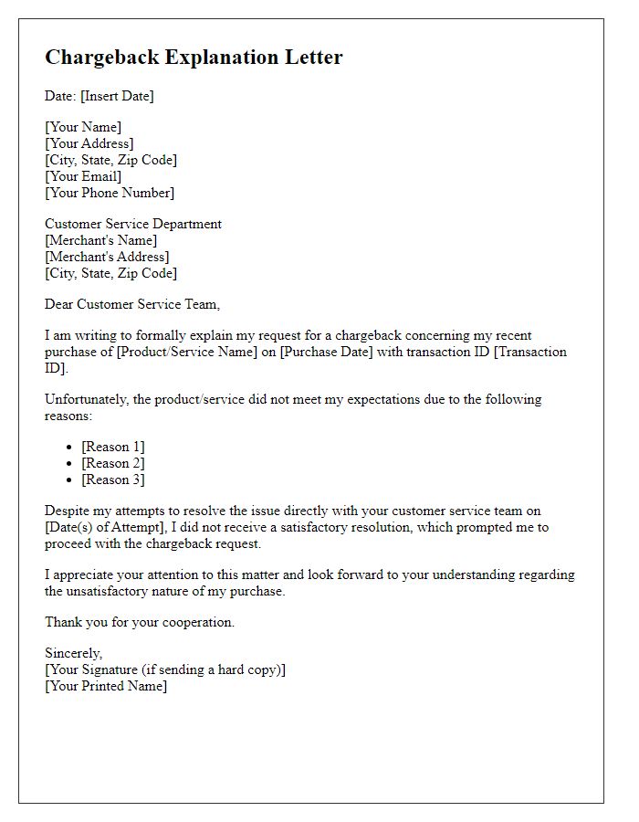 Letter template of chargeback explanation for unsatisfactory purchase