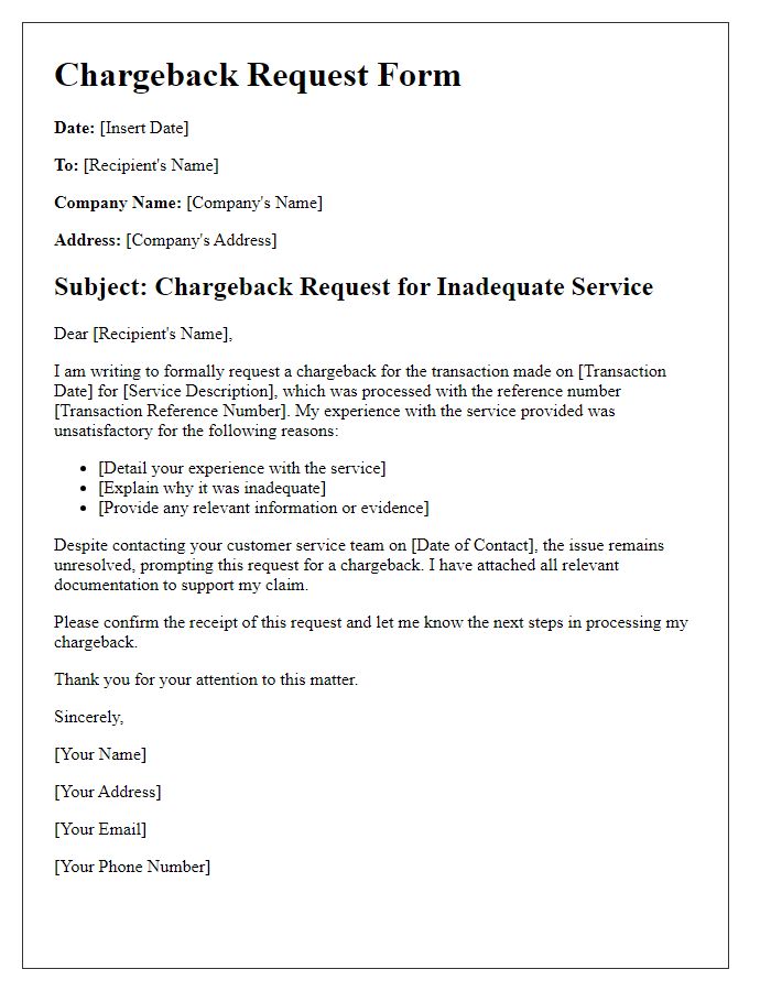 Letter template of chargeback form for inadequate service experience