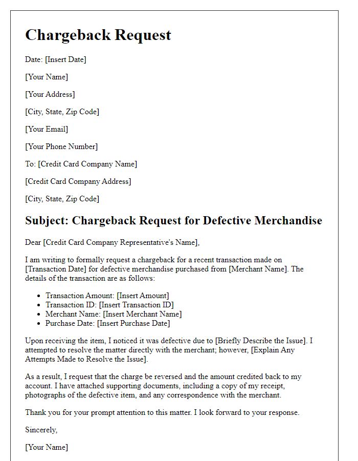 Letter template of chargeback request for defective merchandise