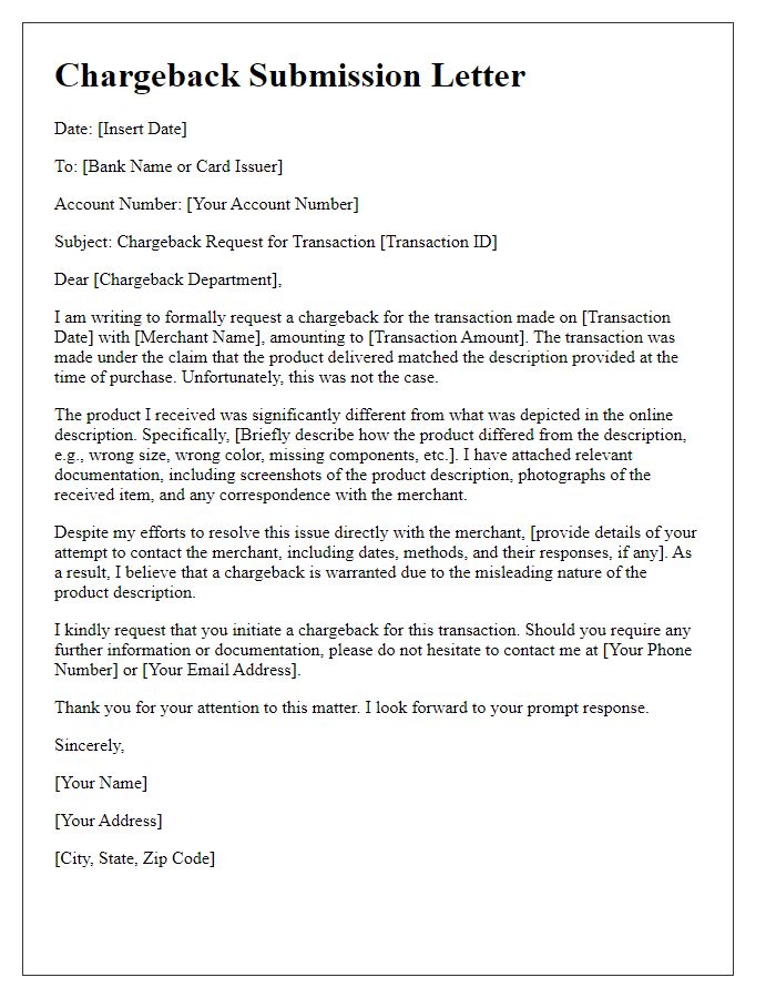 Letter template of chargeback submission for misleading product description