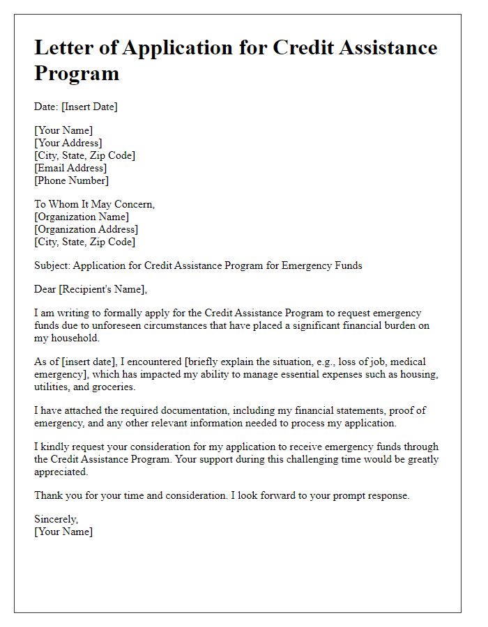 Letter template of credit assistance program application for emergency funds.