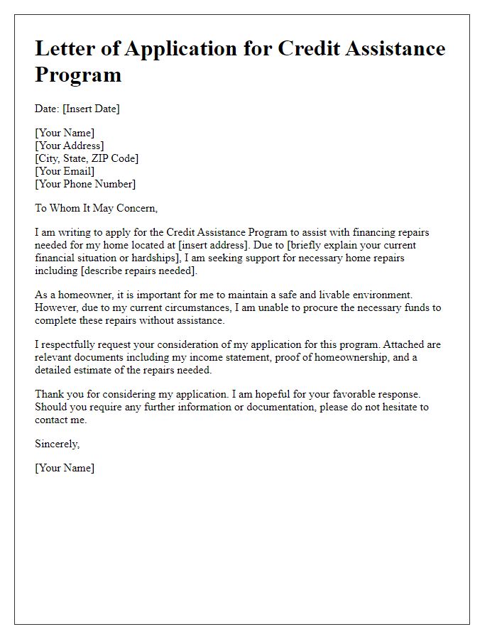 Letter template of credit assistance program application for home repair financing.