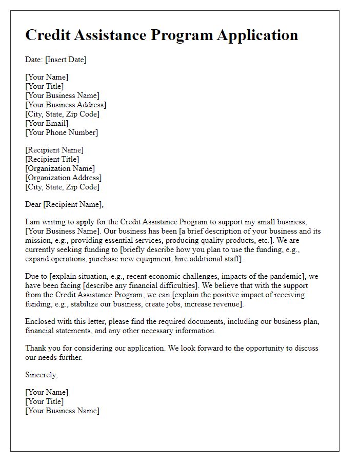 Letter template of credit assistance program application for small business funding.