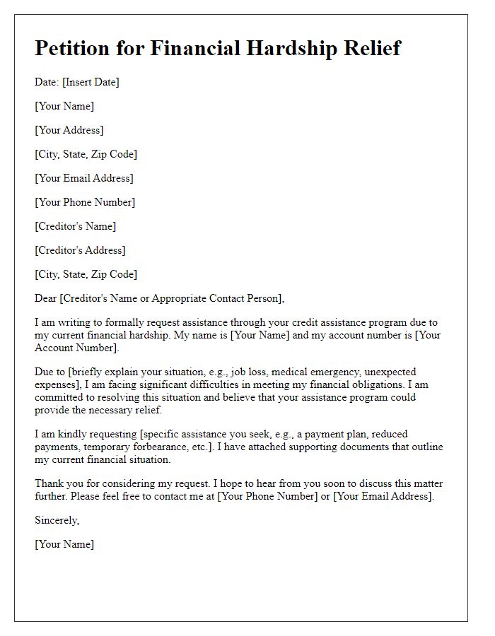 Letter template of credit assistance program petition for financial hardship relief.