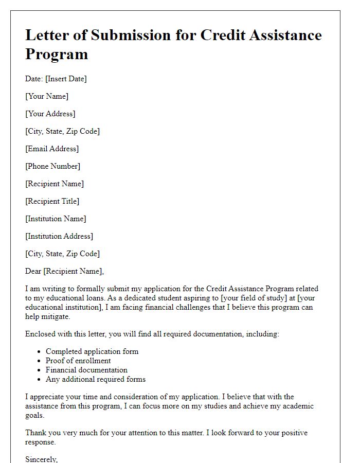 Letter template of credit assistance program submission for educational loans.