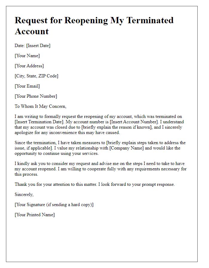 Letter template of request for reopening of terminated account.